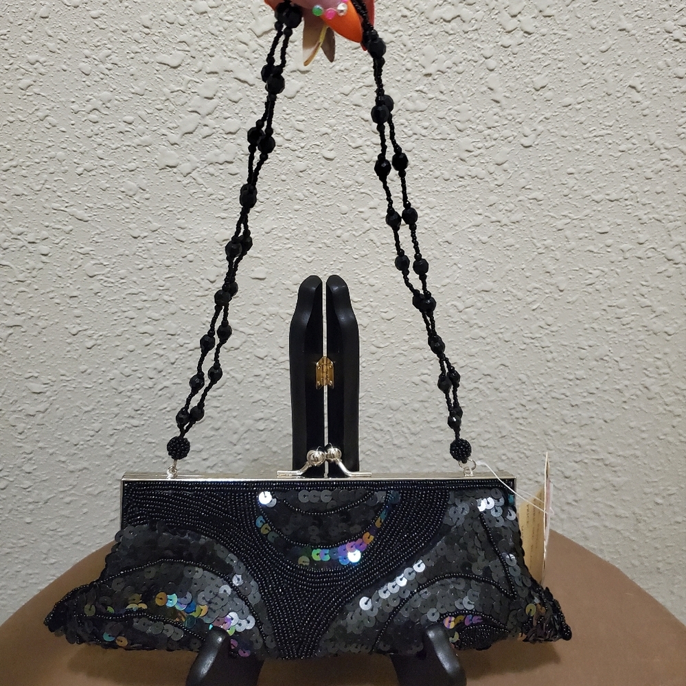 Lapis Black Vintage style sequins and beaded Clutch purse, 101/2in W x 4in H